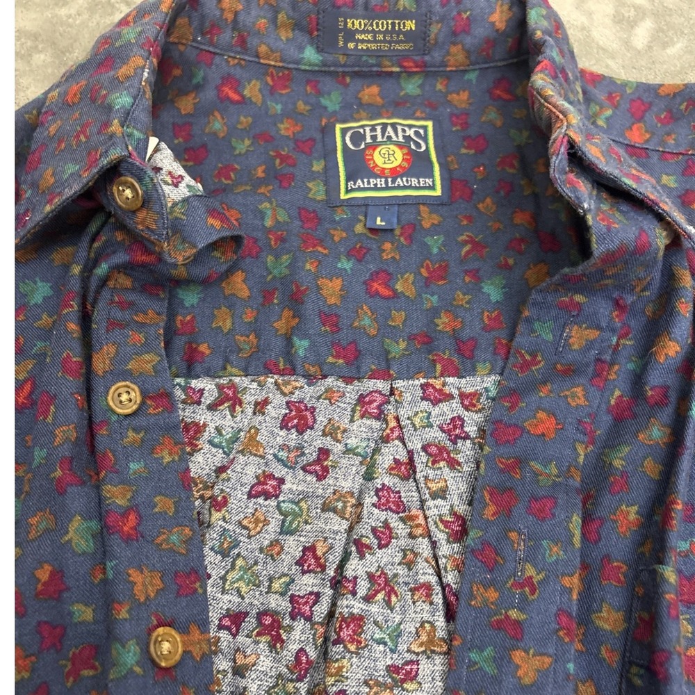 Vintage Chaps Ralph Lauren Leaf Print Cotton Button Down Shirt Mens Large USA